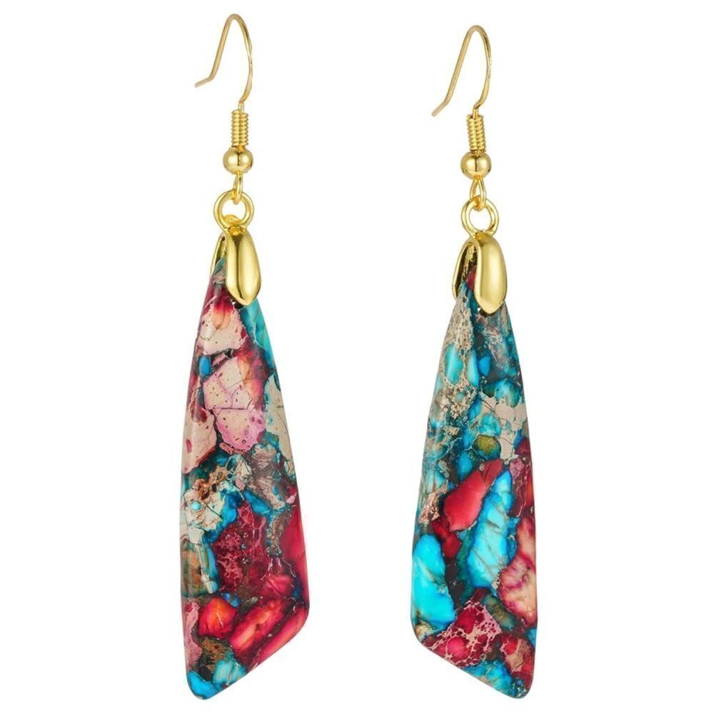 18K Yellow Gold with Natural Imperial Red Blue Jasper Stone Drop Hook Earrings